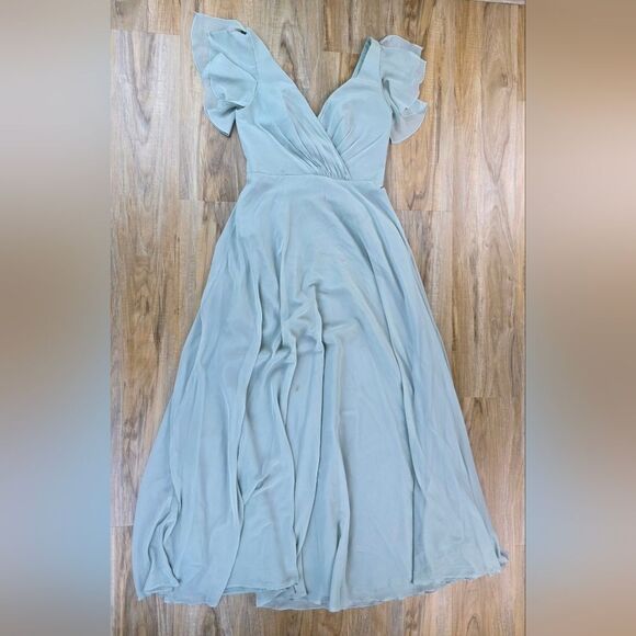 🍑David's Bridal Dusty Sage Green Flutter Sleeve Gown Size 6 - Picture 4 of 13